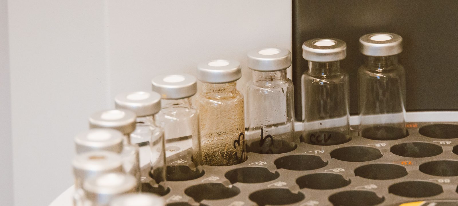 Vials arranged in a lab rack, showcasing scientific organization and research preparation.
